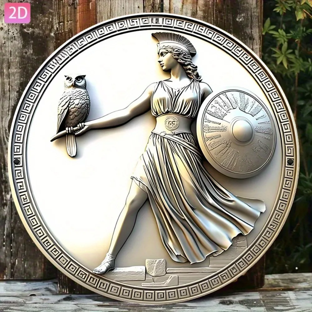مسطح ثنائي الأبعاد، قطعة واحدة من تمثال الآلهة اليونانية العتيقة مع درع البومة من الألومنيوم - لوحة زخرفية مستديرة مقاس 8 × 8 بوصة