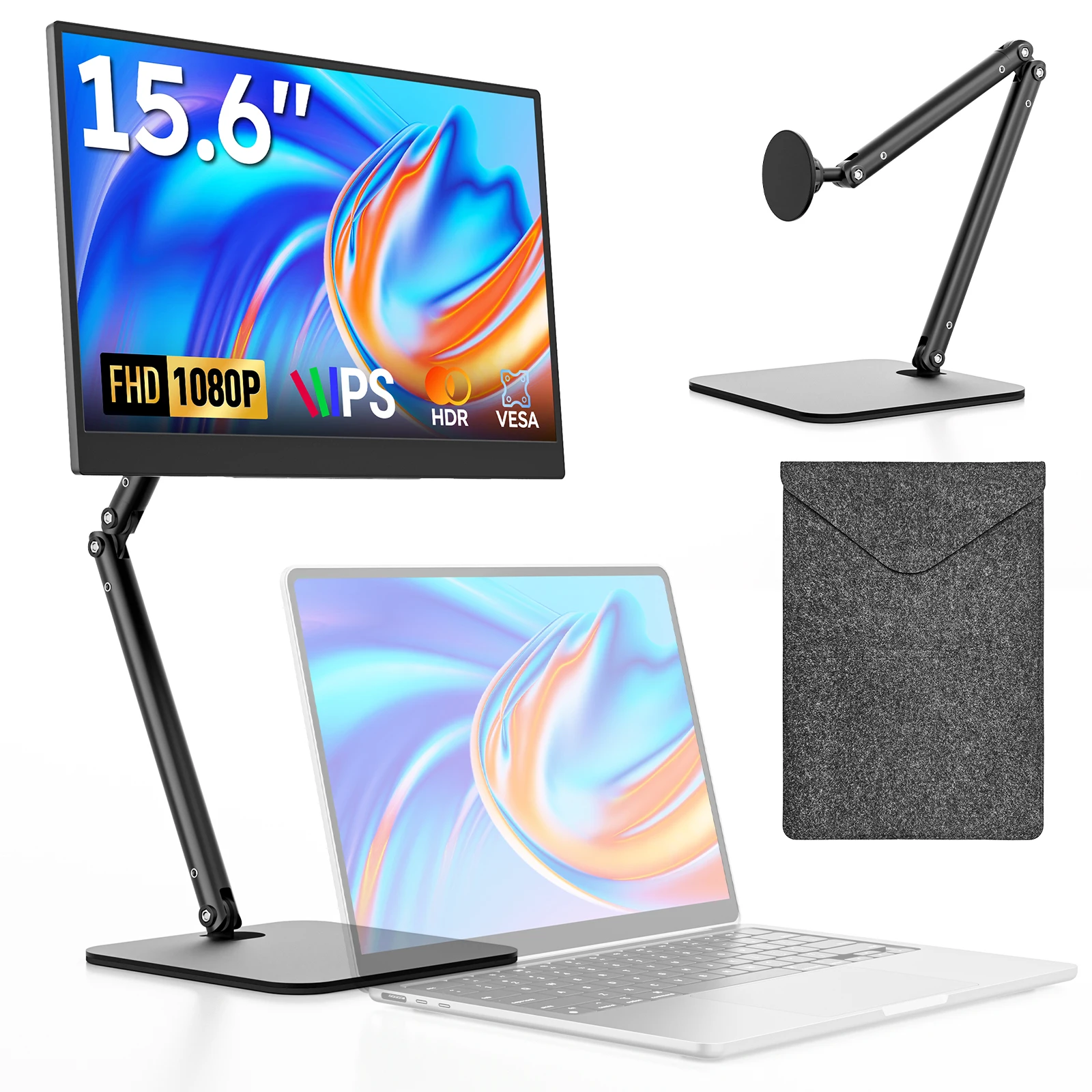 Monitor Portátil de 15.6 Pulgadas con Soporte Magnético Plegable y Estuche, Pantalla IPS FHD 1080P, Extensor de Pantalla para Laptop, Mac