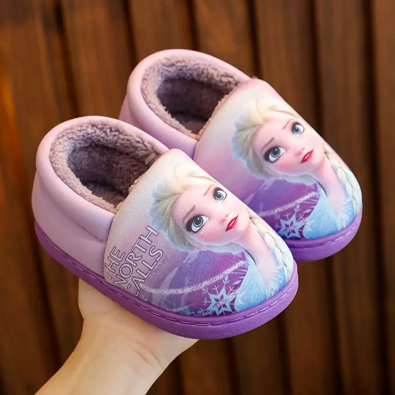 Zapatillas de algodón con tacón para niños de princesa Elsa de Disney, zapatos planos cálidos de algodón de Frozen para niñas, color negro y morado, talla 24-40