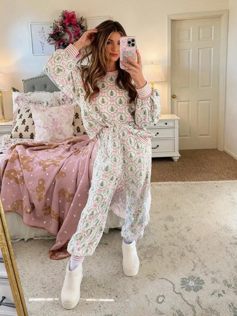 Womens Floral Christmas Print Pajama Set Long Sleeve Top And Jogger Pants With Striped Cuffs