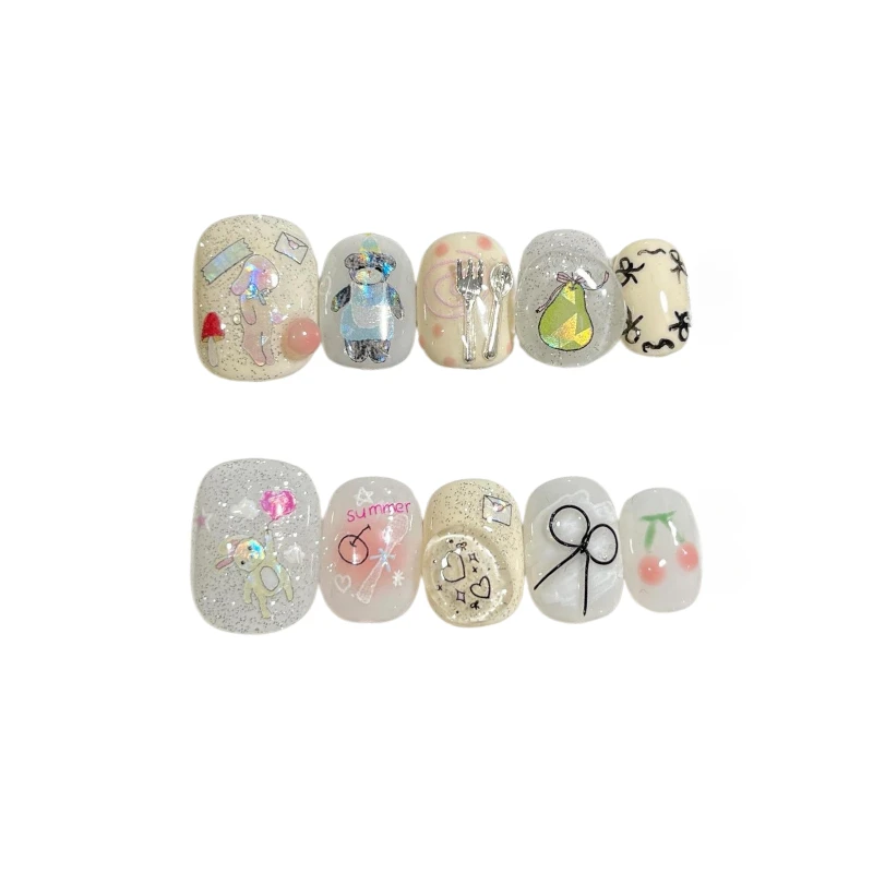 10 Pieces Cute Cartoon Girl Short Round Handmade Press On Nails Polar Light Sequins Bear Rabbit Fake Nails Removable Reusable