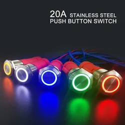 IP67 20A  Waterproof Metal Push Button Switch 19mm Latching Momentary Push-button Light Switch 12v 24V 220v  red blue green Led