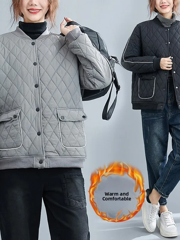 

Thi Cotton Jaet, женская зимняя теплая верхняя одежда с ромбовидным узором, модное универсальное повседневное длинное пальто больших размеров