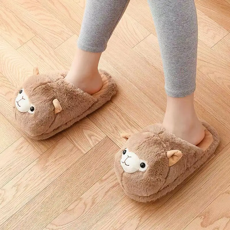 Winter House Warm Plush Alpaca Cozy Shoes Unisex Furry  Cotton Slippers Lovely Creative Cartoon Indoor Soft Slides One Size