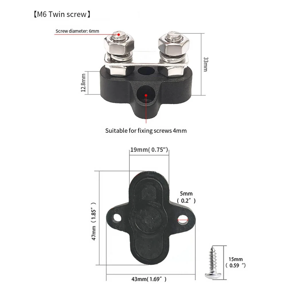 2pcs Wiring Screw Red Black Dual Connection Bolt Battery M6 Busbar Terminal Blocks 12-48V For Car Marine M6 Screw