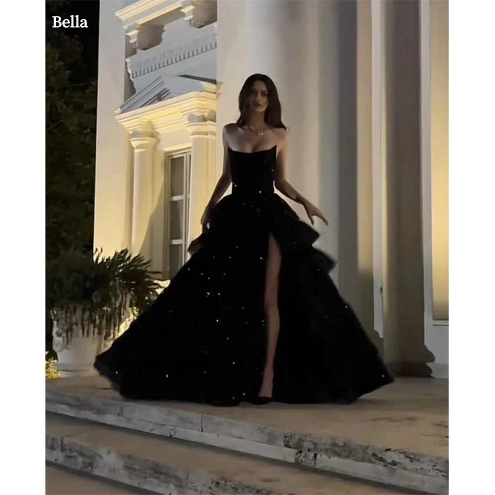 

Bella Black Tulle Prom Dresses Side Split A-line Strapless Wedding Dress Elegant Customized Sleeveless Vestidos De Fiesta 2024