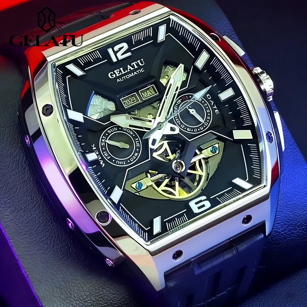 

Мужские часы GELATU, топовый бренд, классический дизайн, циферблат в форме бочки, сапфировое стекло, автоматический механический часовой механизм с маховиком, водонепроницаемые.