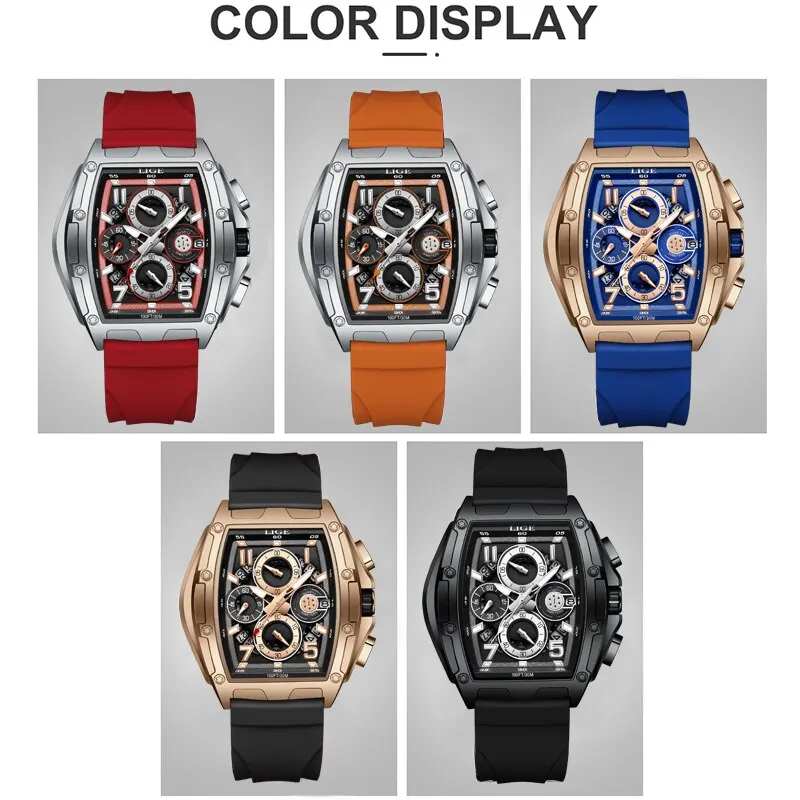 LIGE Business Watch For Men Fashion Silicone Square Watch Men Casual Sport Waterproof Chronograph Quartz Clock Male Reloj Hombre