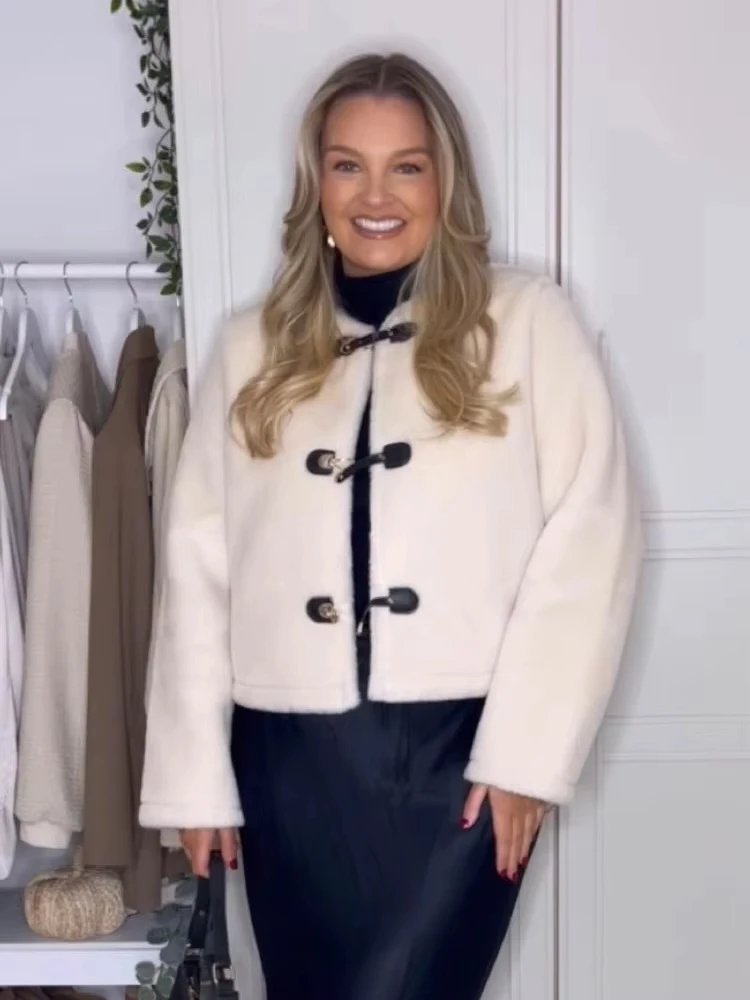 HH 패션 여성용 양면 재킷 로프 매듭 버클 2025 O넥 긴팔 리버시블 루즈 따뜻한 벨벳 숏 코트