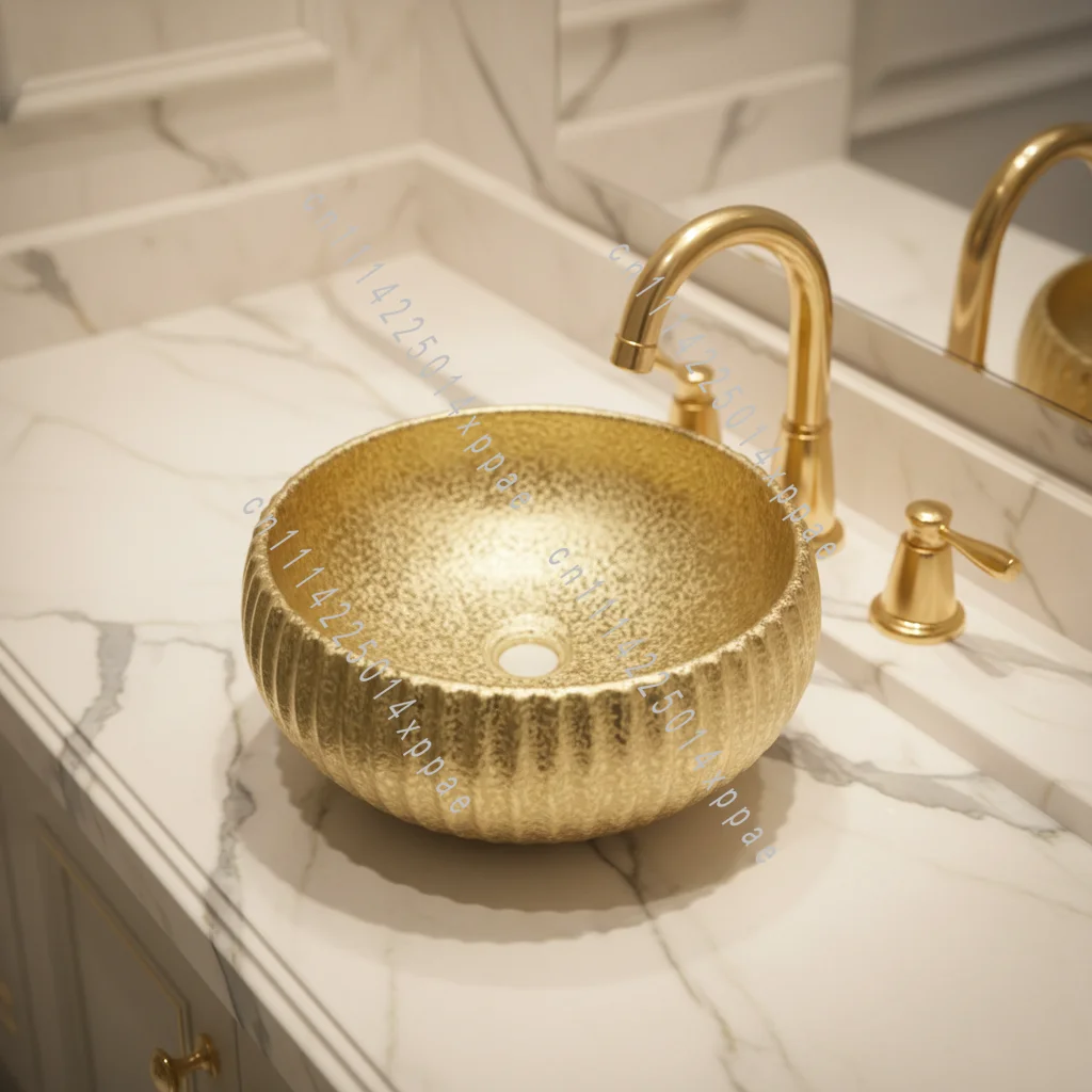 With Drain Ceramic Hotel Toilet Bathroom Hand and Art Basin Contemporary Gold-plated Round Ceramic Wash Basin