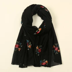 Wholesale New Fashion Embroidery Floral Long Scarf Hijab Woman Cotton Shawl Summer Solid Color Wraps For Ladies Stole Headband