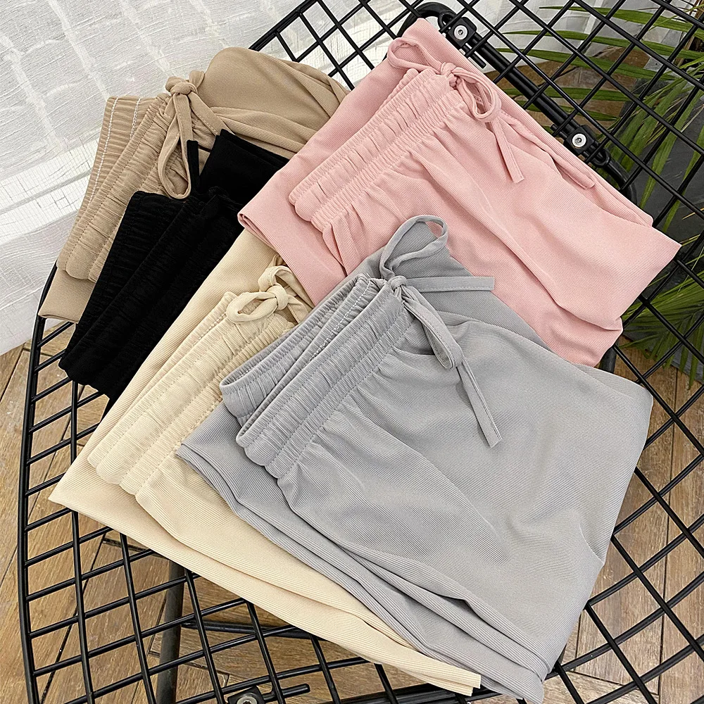 Women Solid Color Fashion Summer Cool Wide Leg Straight Leg Casual Comfortable Elastic Waist Knitted Pants