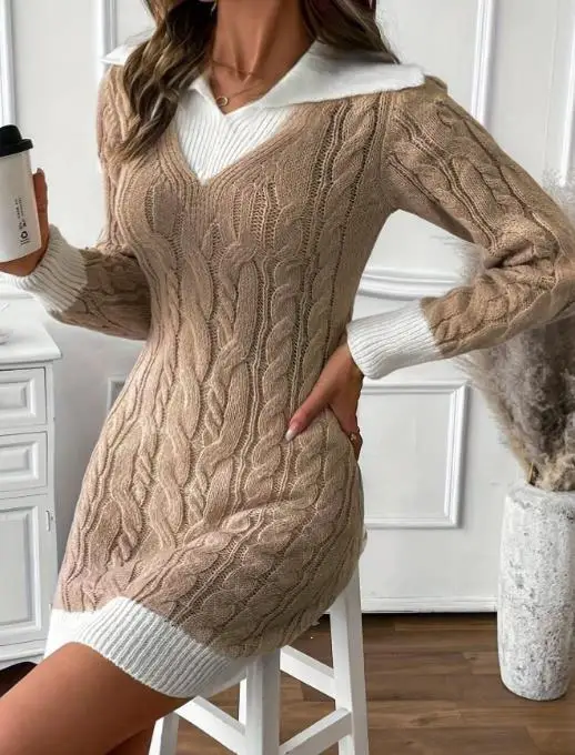 

2025 Elegant New Casual Color Matching Pullover Small Knitting Short Dress Autumn Winter Long Sleeve Fried Dough Twists Sweater