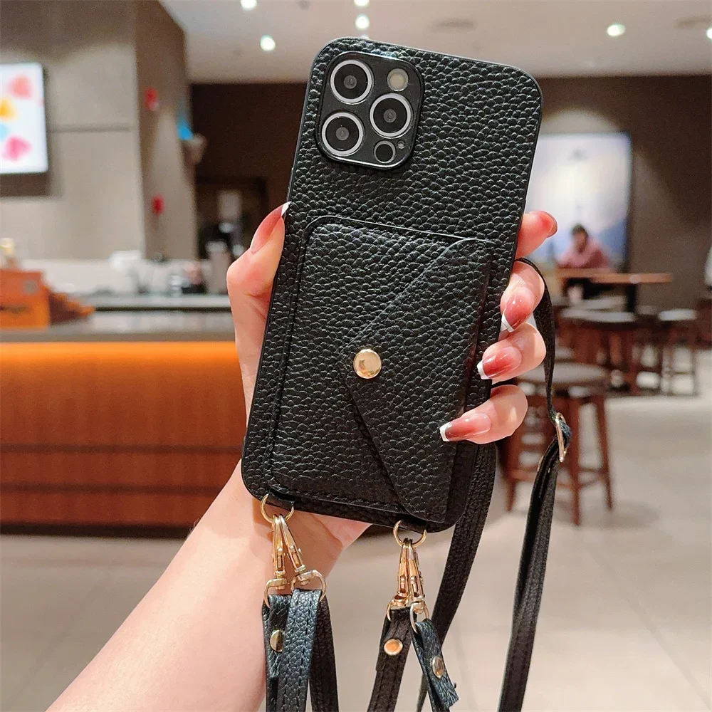 Crossboby Wrist Strap with Card Holder Phone Case for IPhone 16 15 Plus 14 11 Pro Max 13 12 Mini XR XS Max PU Leather Cover