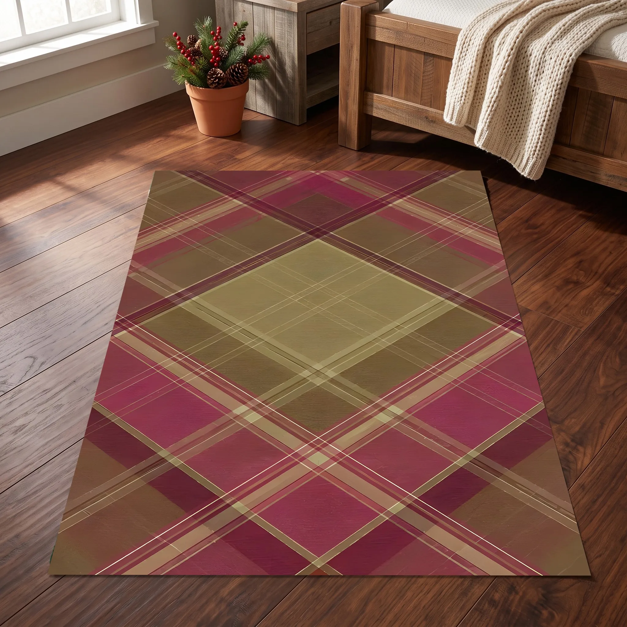 A Reddish-Brown Diamond-Patterned American Retro-Style Velvet Rug Suitable for Christmas and New Year, Perfect for the Living Room, Bedroom, or Bedside, Adding a Warm and Inviting Atmosphere to Autumn and Winter