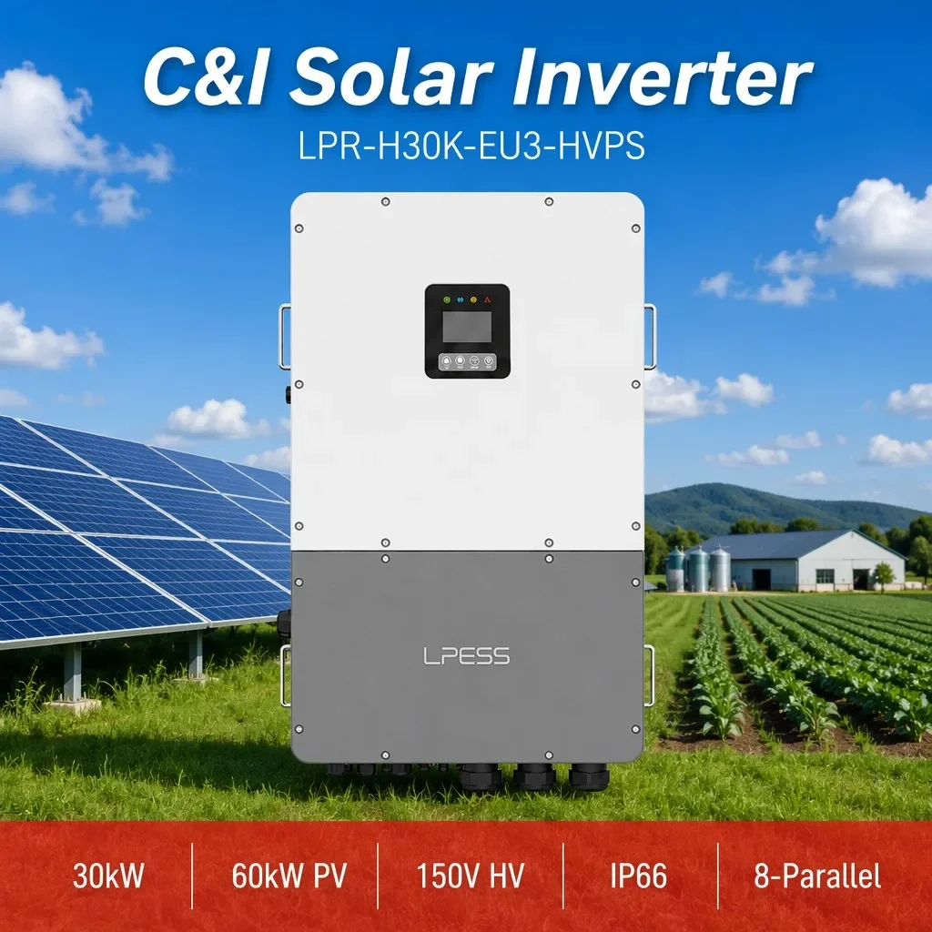30kW Industrial Hybrid Solar Inverter 150V High Voltage Battery 60kW PV Input 4 MPPT IP66 Outdoor Commercial Scalable System