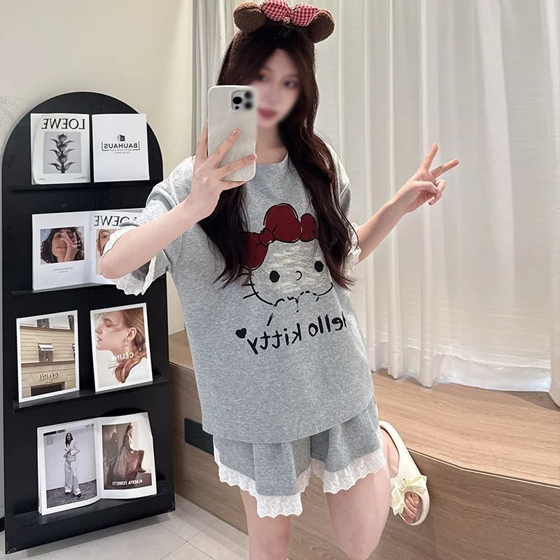 

Хлопковая пижама Sanrio Hello Kitty для женщин: ночная рубашка, шорты, пижама с коротким рукавом, летняя пижама, мультяшное неглиже, аниме-пижама, домашний костюм