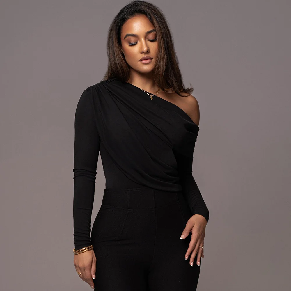 European American Fashion Sexy Temperament Sloping Shoulder Off Shoulder Pleated Solid Slim Fit Long Sleeved Bodysuit Women's