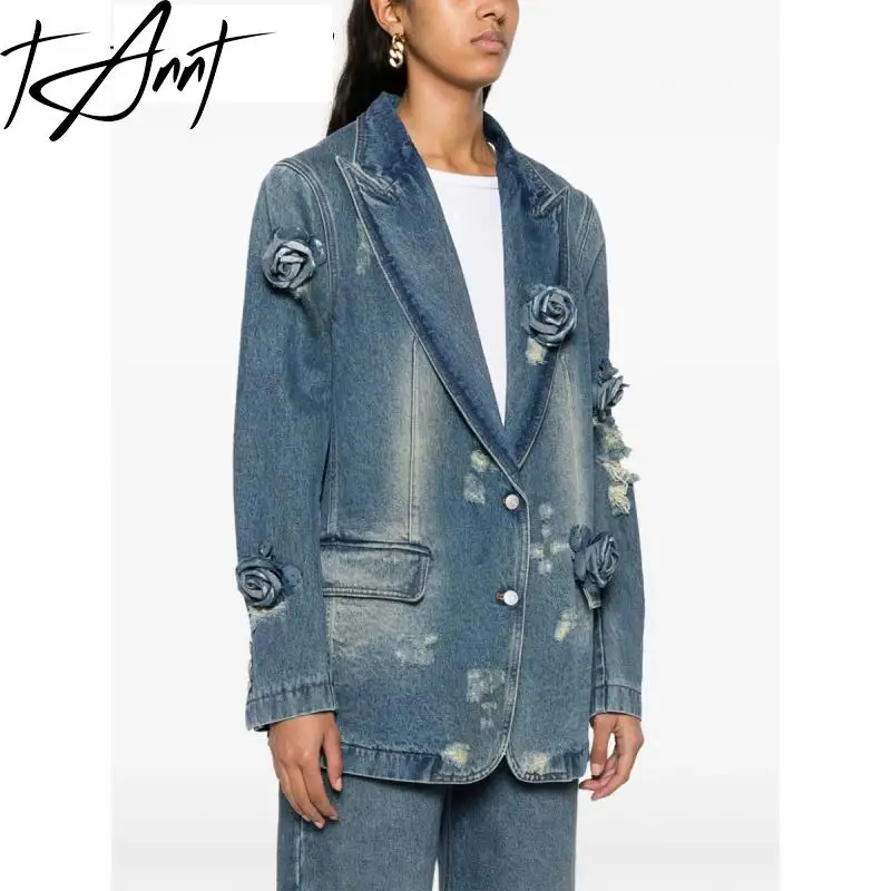 

TANNT Women Denim Jacket 2024 Autumn New Three Dimensional Flower Stitching Decoration Blue Jean Coat Denim Blazer Suits