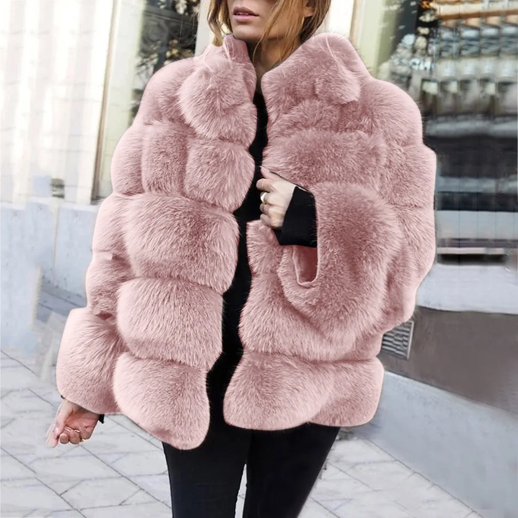 Women Fox Faux Fur Black Coats Stand Collar Single Breasted Jackets Warm Thick Coat Full Sleeve Open Stitch 2024 Autumn Winter