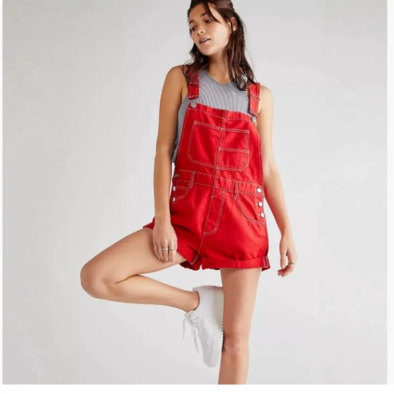 Vêtements pour femmes européennes et américaines, nouvelle mode décontractée, polyvalente, couleur unie, bretelles personnalisées, salopette en Denim ample, short