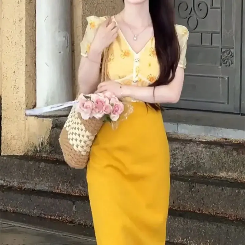 ใหม่แฟชั่นพิมพ์ลายดอกไม้ผู้หญิงฤดูร้อนแฟชั่น Patchwork เอวสูง Midi ชุด Slim Contrast สี Office Lady Vestidos