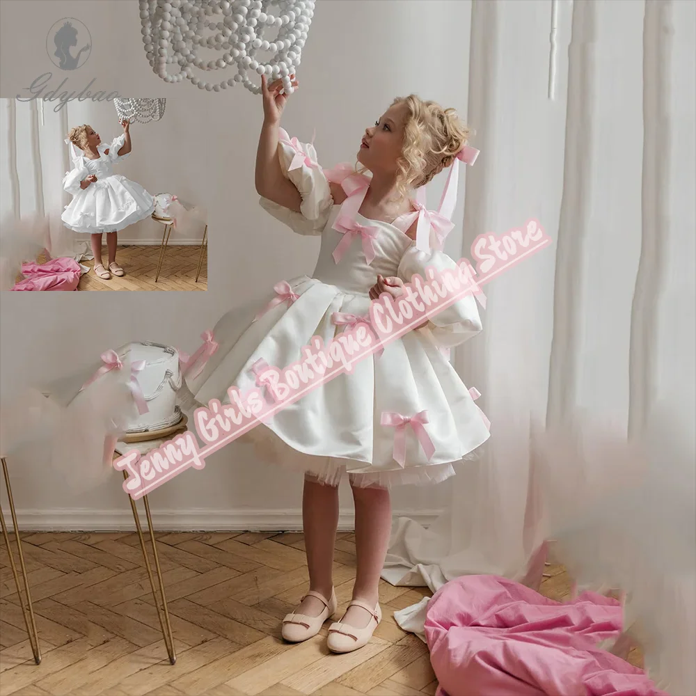 White Satin Wedding Elegance Flowers Girl Dress Bow Beauty Pageant Ball Party Birthday Evening Party Communion Princess Gowns