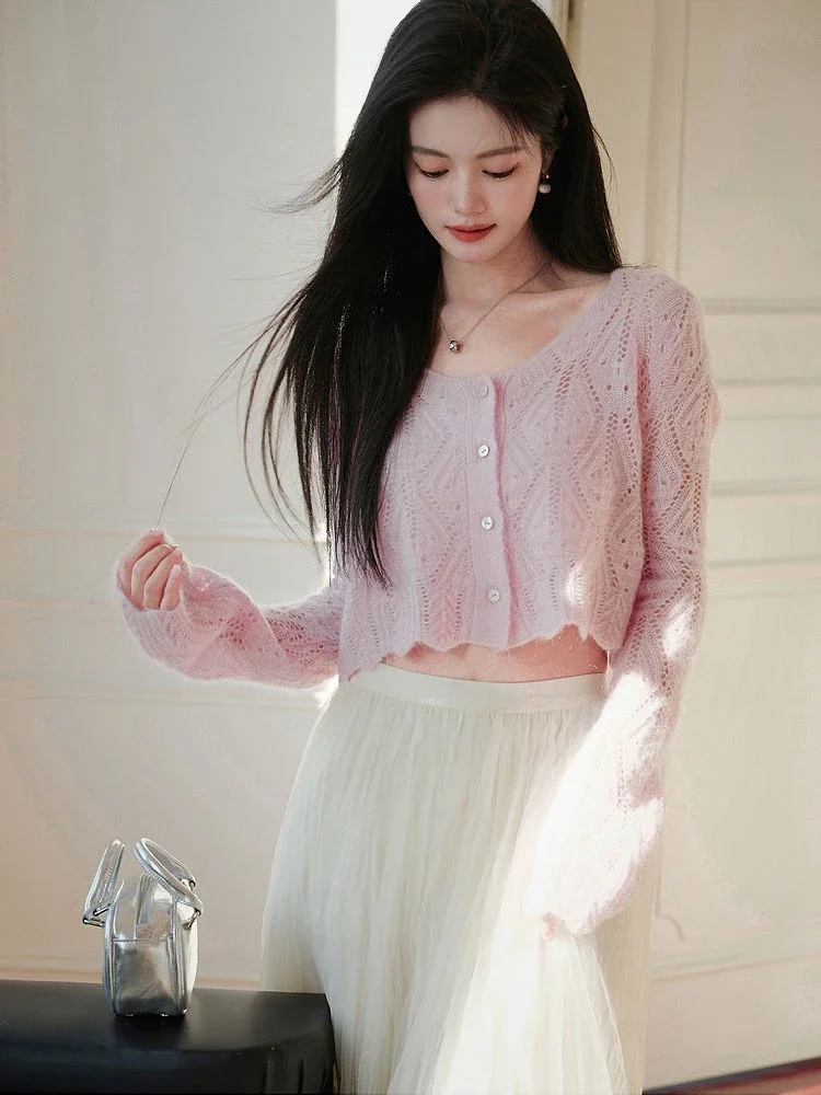 Deeptown Korean Style Pink Cropped Cardigan Women Sweet White Hooded Knitted Sweater Casual Hollow Out Long Sleeve Tops Autumn