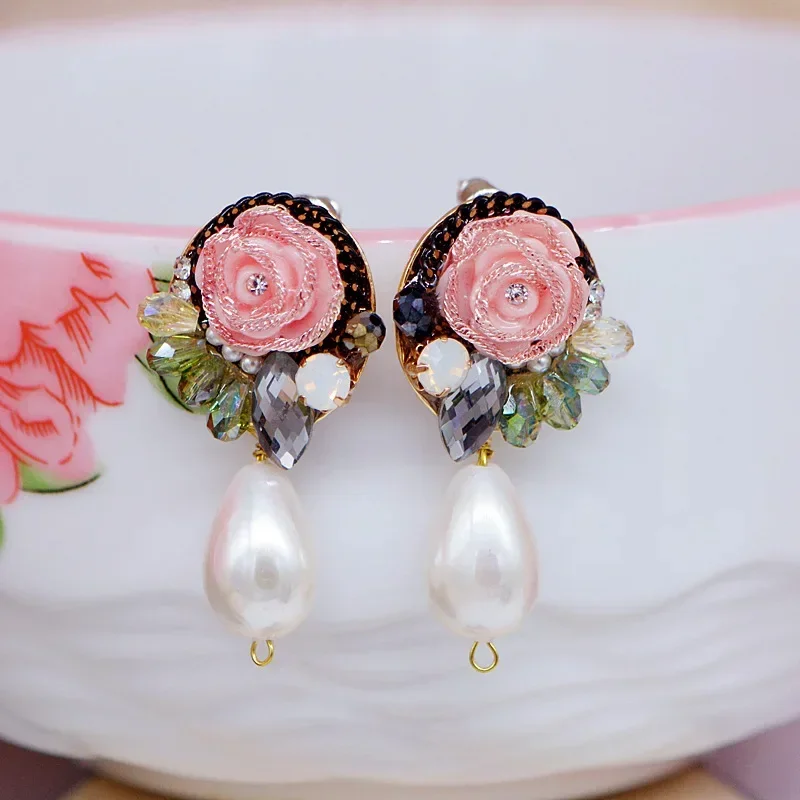 

S925 Silver Ear Hook Handmade Vintage Pink Flowers Pearl Pendant Earrings Studs for Women Gift