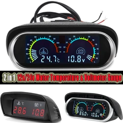 2 In 1 12v/24v Water Temperature & Voltmeter Gauge LCD Car Digital Temperature Gauge Engine Temperature Indicator 1/8NPT for Car