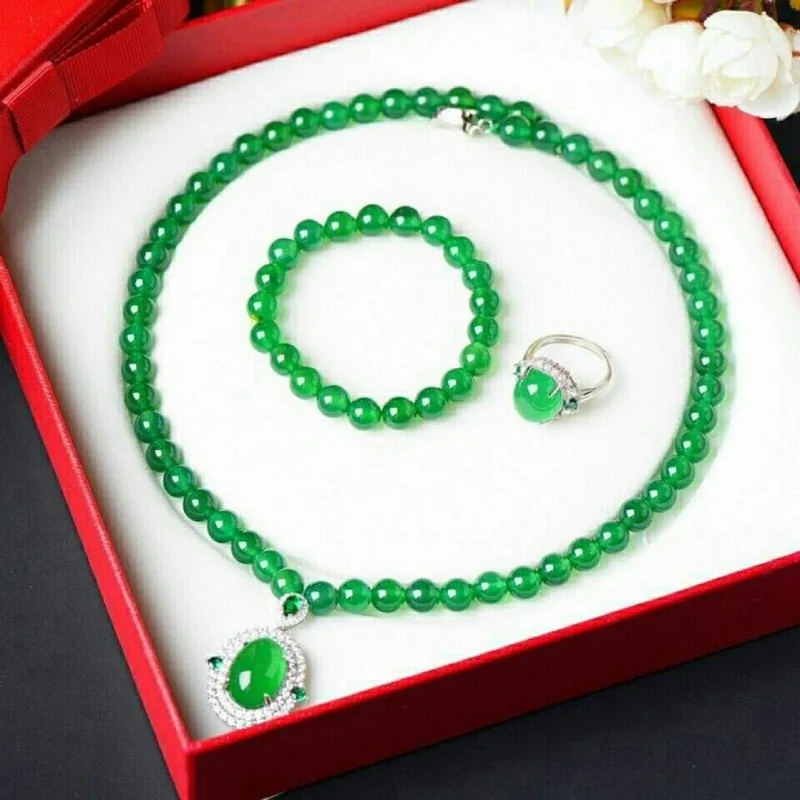 

Natural Chrysoprase Three-piece Ring Live Mouth Women's Fashion and Versatile Set