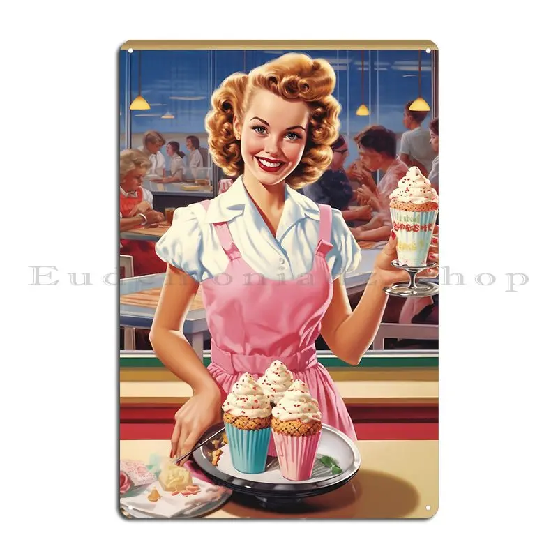 Retro Lady Waitress From 1950 Metal Sign Mural Printed Home Bar Living Room Tin Sign Poster