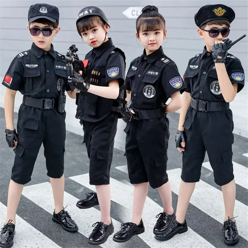 Children Traffic Police Cop Cosplay Costumes Policemen Uniform Girls Pleated Skirt Student Team Halloween Party Performance MN9