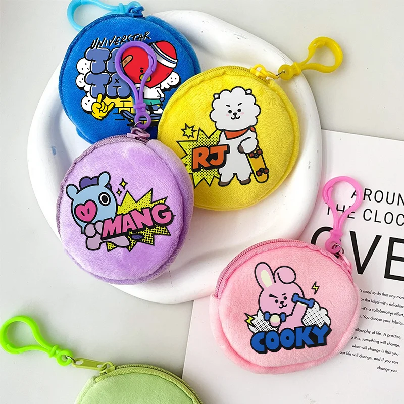 Monedero BT21 Redondo, Mini Cartera Portátil, Bolsa de Dinero Informal a la Moda, Monedero con Cremallera con Diseño de Auriculares de Dibujos Animados COOKY TATA, Regalo de Cumpleaños