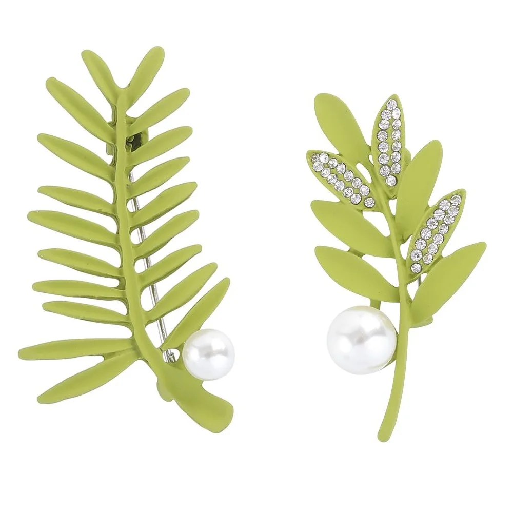 2Pcs Pretty Crystal Leaf Pins Set Green Foliage Brooches For Women Clothes Jewelry Decoration