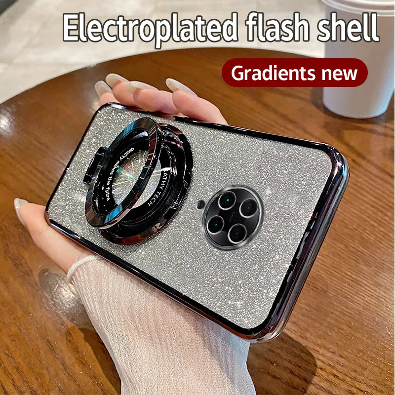 Voor Xiaomi Poco F2 Pro Behuizing Galvaniseren Zachte Glitter TPU Telefoon Terug Luxe Cover Xiaomi F2Pro Telefoon Case Beugel Magnetische