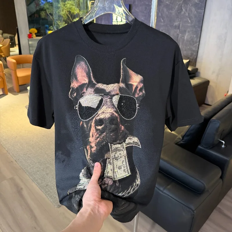 2026 Summer New Heavy Sunglasses Dog Perm Diamond Loose Round Neck Short Sleeve T-shirt Men's Fashion Handsome Streetwear Tops