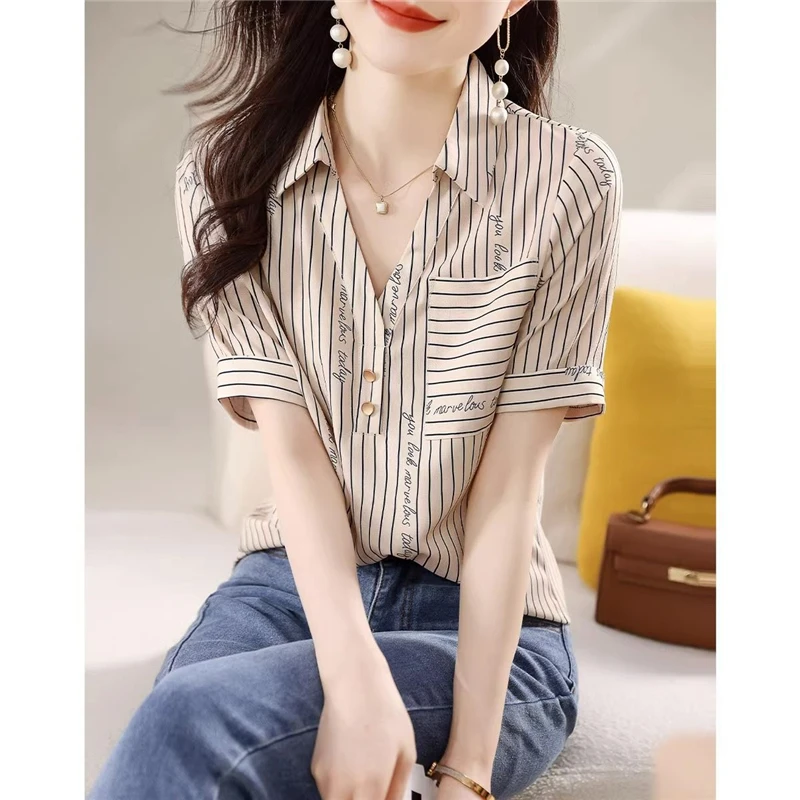 Women Clothes Summer Trendy Striped Print Pocket Elegant Blouses High Quality V Neck Short Sleeve Shirts Blusa Mujer Moda 2023