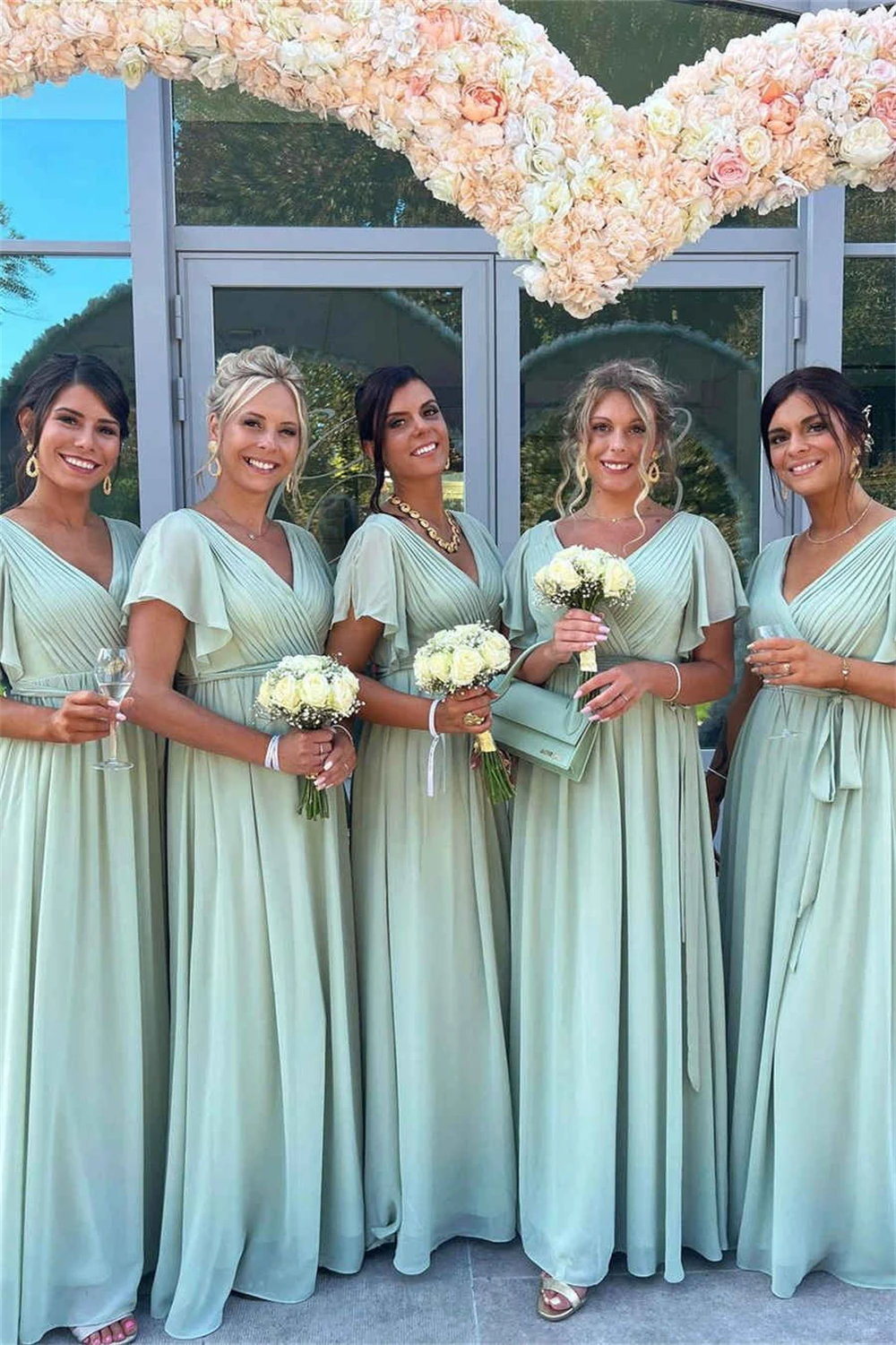 

Cheap V-Neck Sage Green Bridesmaid Dress Vintage Pleated Chiffon Party Dress for Wedding Customized