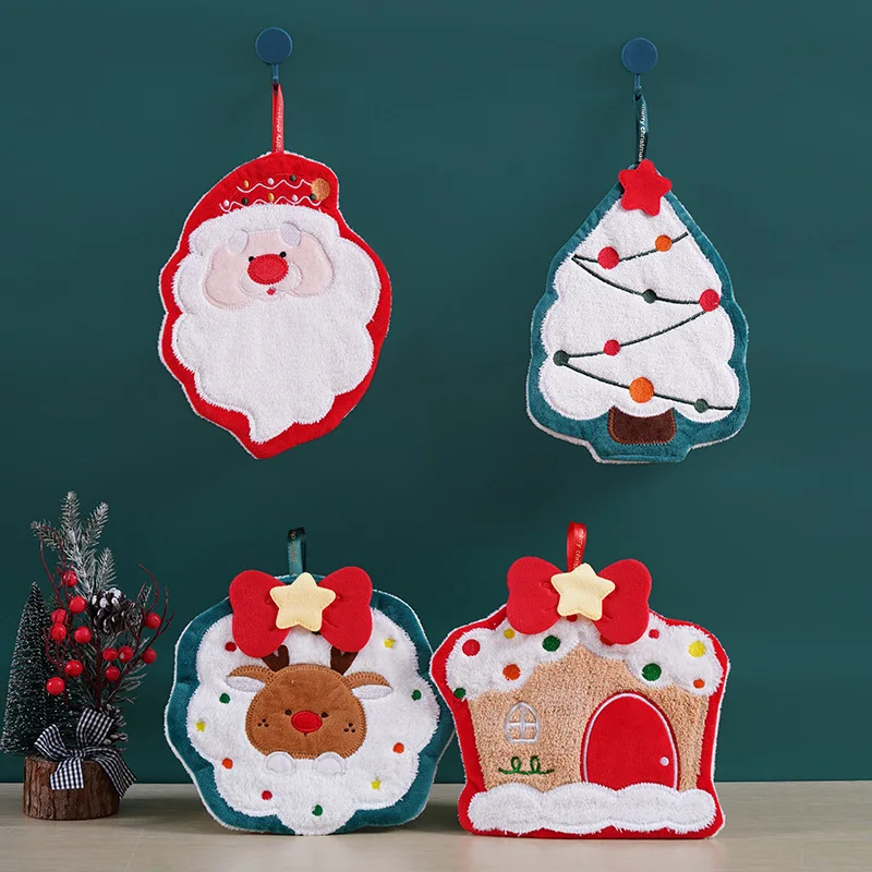 1PC comfortable plush Christmas hand towel, featuring a Santa Claus gingerbell snowman deer Christmas glove design.