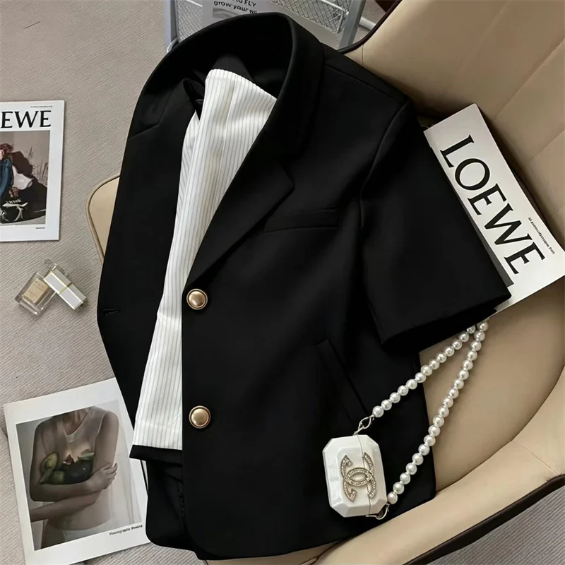 Khaki Short Sleeve Suit Jacket Women's Loose Slimming Versatile Small Size Short Length Western Style Top Spring 2026