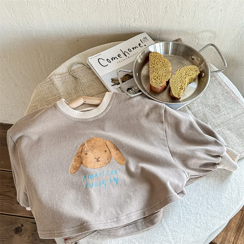 2024 Spring Kids clothes pullover cartoon bunny contrast color long sleeve T shirts Boys Girls cotton loose Tops