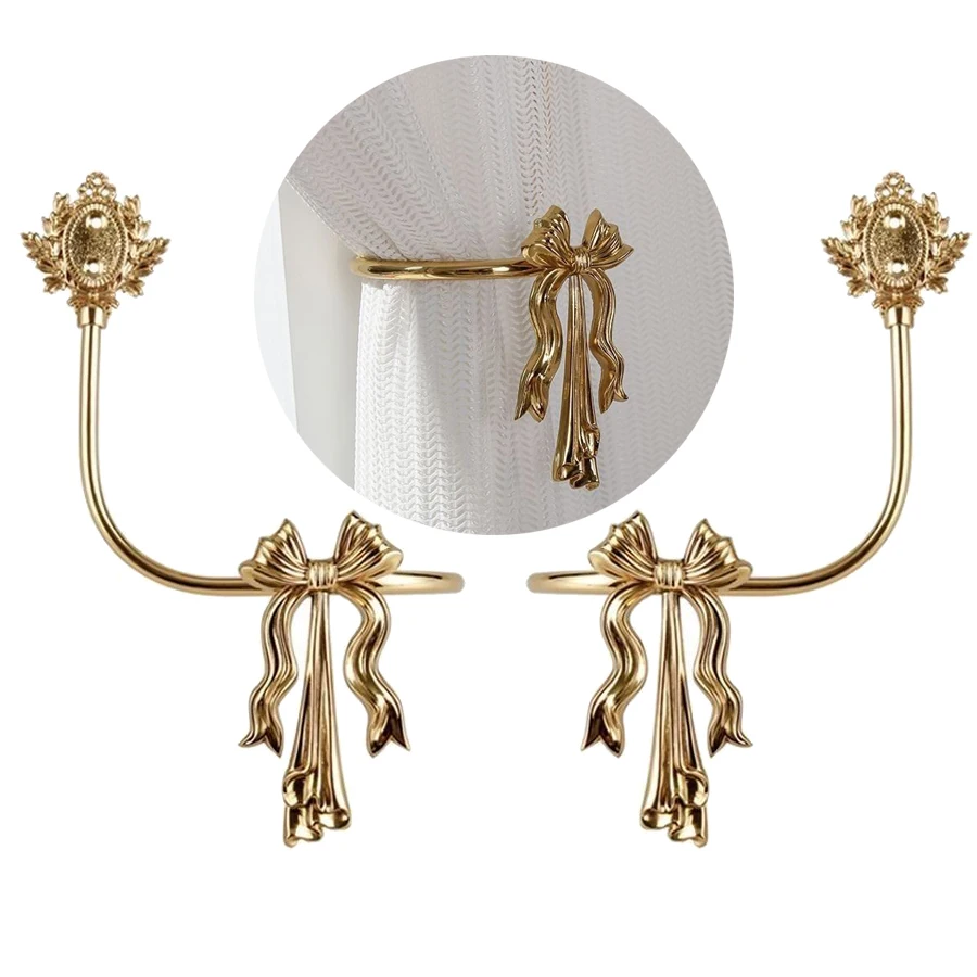 

High-end 1Pair Brass Luxury French Bowknot Curtain Hooks Curtain Tie Draper Back Hooks Curtain Drapery Holder Hanger Hooks Decor
