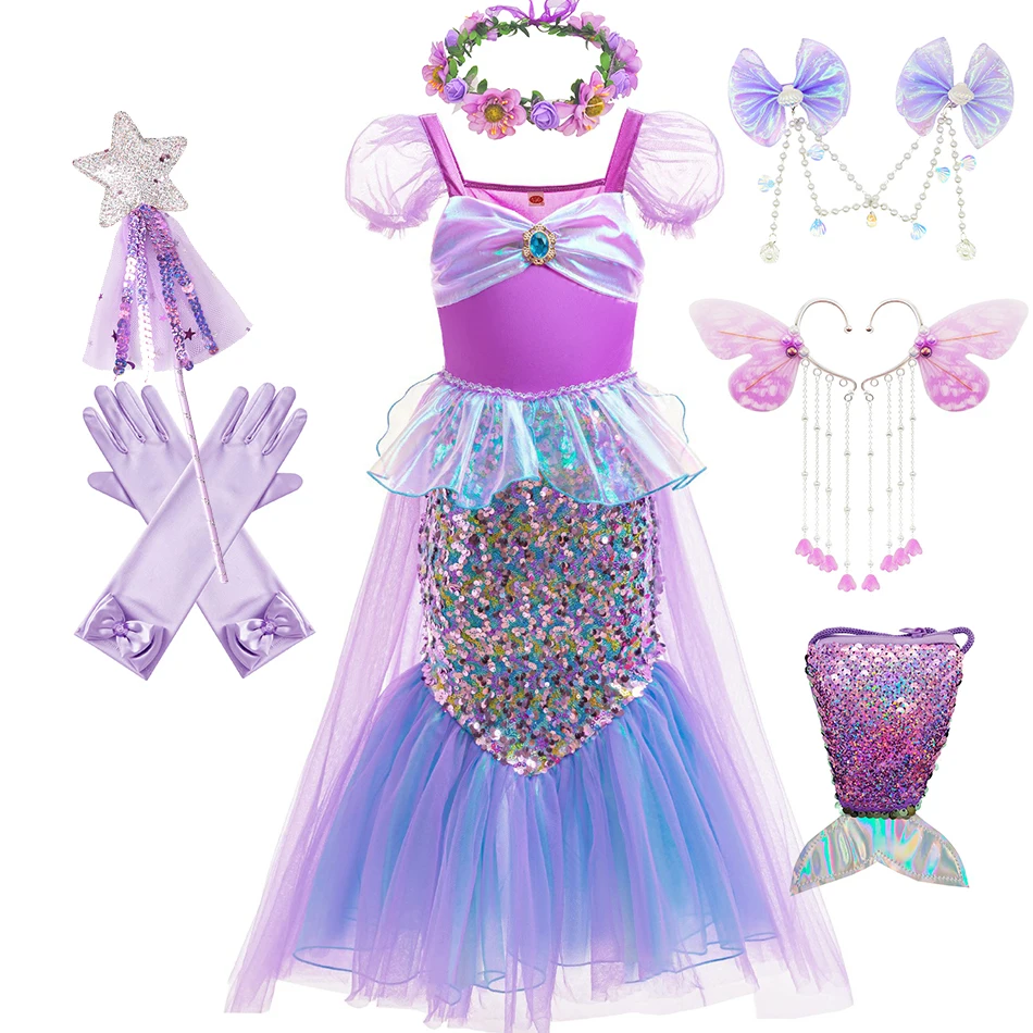 Little Mermaid Dress With Cloak Sequin Ruffles Princess Cosplay Costume Kids Ariel Fantasy Disguise Outfits Halloween Purim Sets