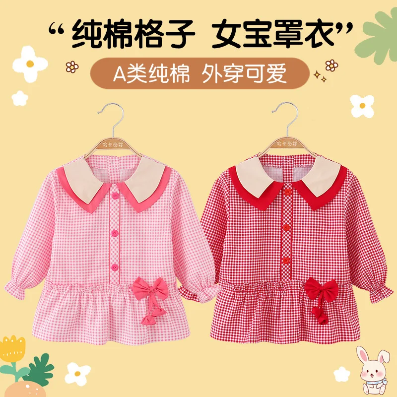 Cotton Plaid Overclothes Baby Girl Apron Children Eating Bib Pinny Waterproof Anti-Dirty Breathable Spring and Autumn Outer Wear