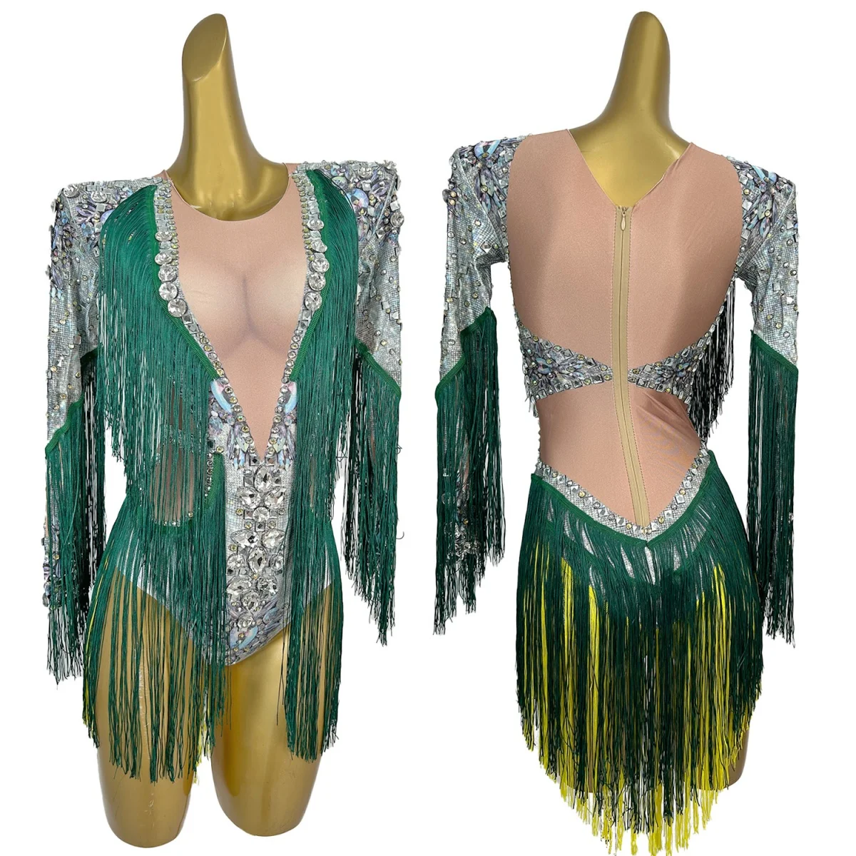 

Green Tassel Rhinestone Ladies Latin Dance Wear Carnival Bar Club Showgirl Spandex Elastic Wear Party Drag Queen Performer Wear