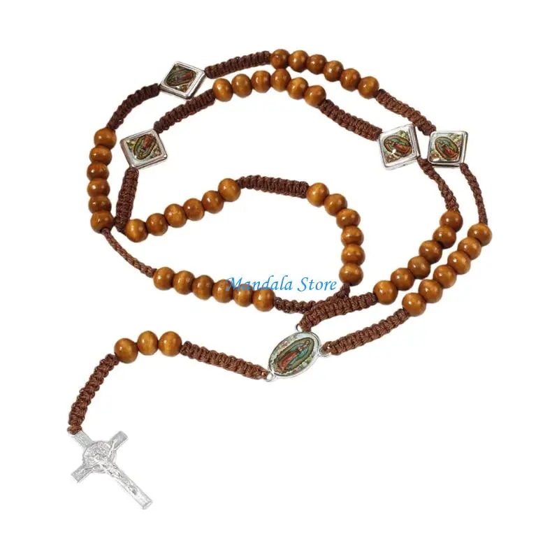 U2JC Beads Catholic Rosary Necklace Wooden Bead Rosary with Miracles Medals Crucifix Crosses Gift