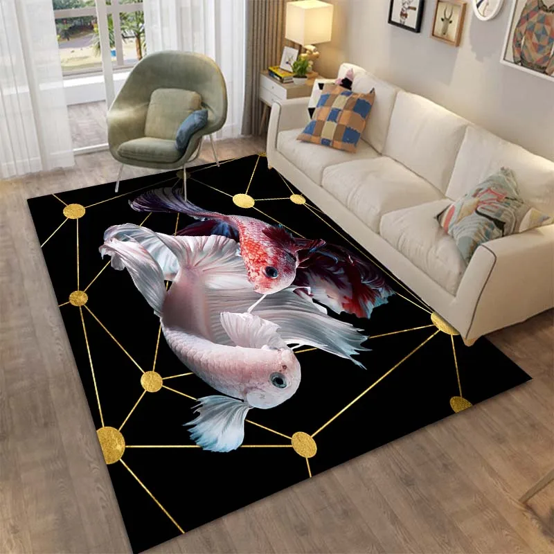 3D GoldFish Siamese Betta Fish Area Rug Carpet for Living Room Bedroom Sofa Mat Doormat Home Decor,Kid Play Non-slip Floor Mat