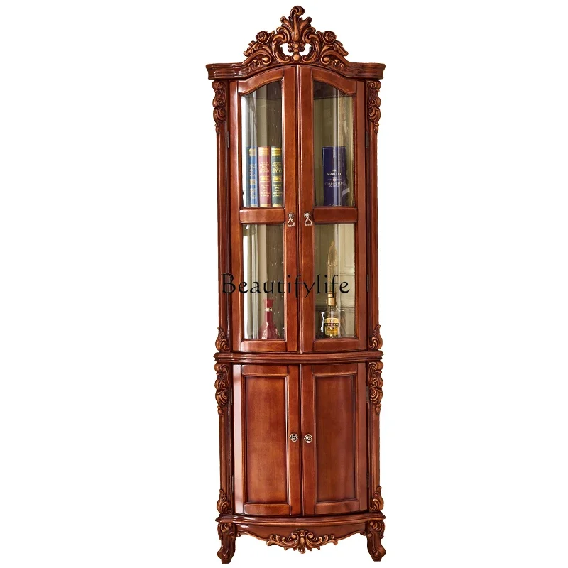 

European solid wood wine cabinet American light luxury solid wood double door carved decorative living room glass locker