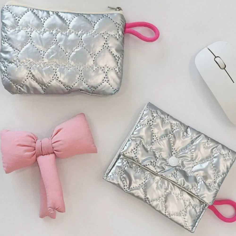 INS Style Silver Sanitary Mat Bag Zipper Button Love Bow Makeup Organizer Change Purse Coins Keys Wallet Woman Girls